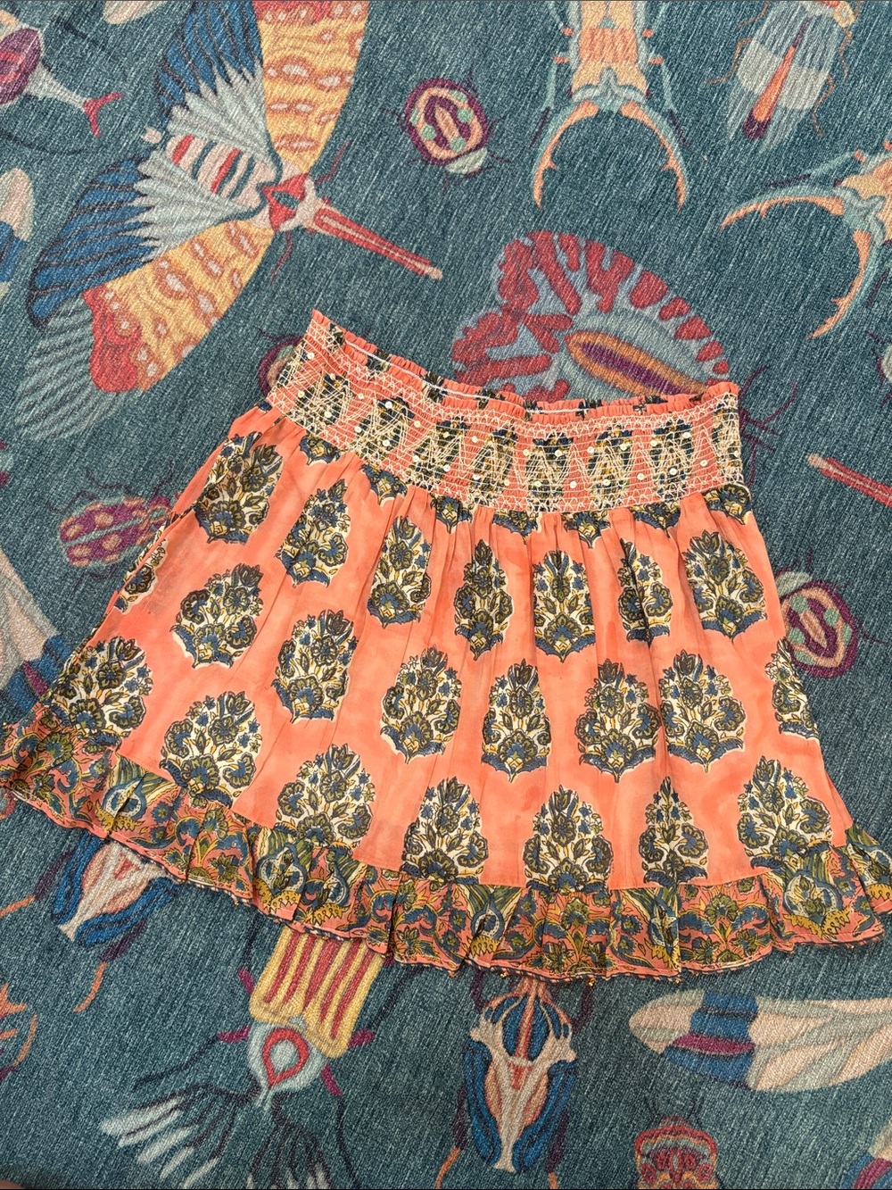 Gorgeous Bell Alicia Bell Boho festival mini skirt peach block print M nwt